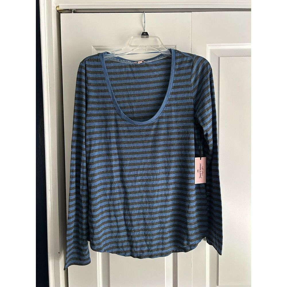 Juicy Couture Blue Gray Striped Long Sleeve Scoop Neck Tee Shirt Large NWT